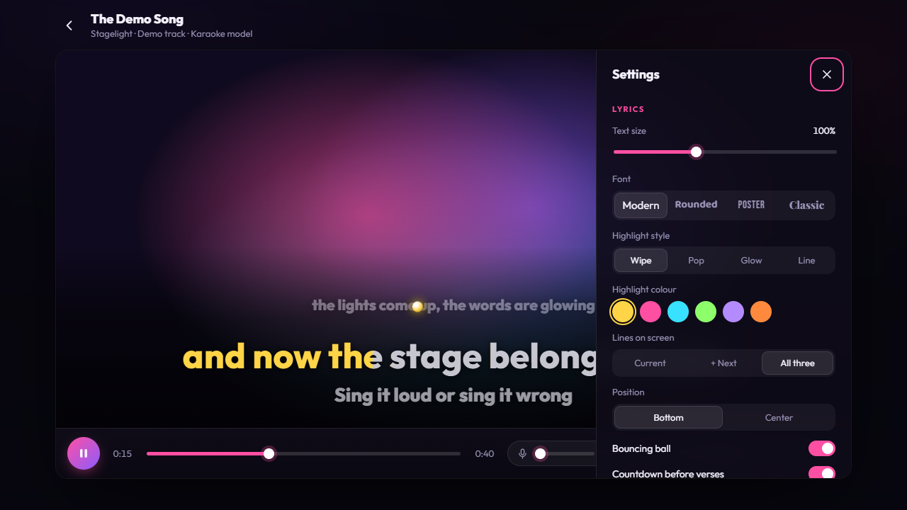 Settings: text size, fonts, highlight styles and colours